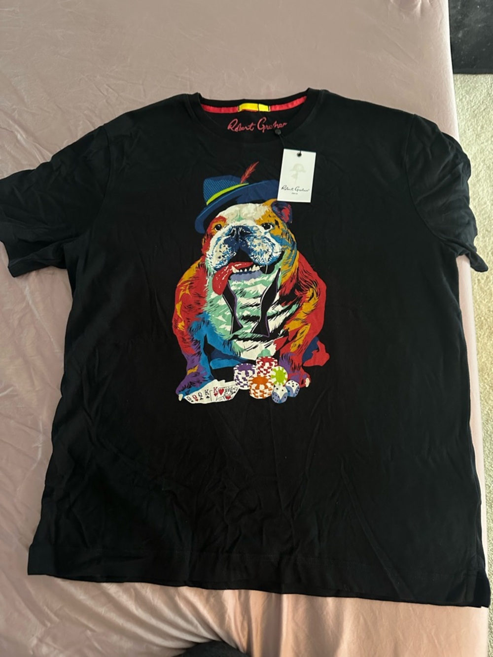 NWT Robert Graham Black Graphic Bulldog Poker Tee. Size L.